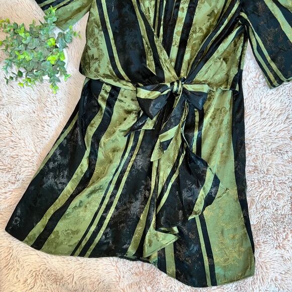 NWT Zara Woman Green & Black Stripe Print Faux Wrap Tie Front Dress - Small - Picture 13 of 15